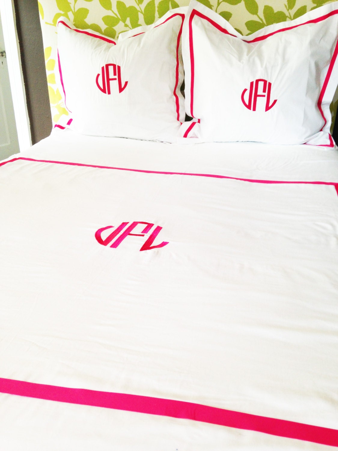 monogrammed bedding in hot pink