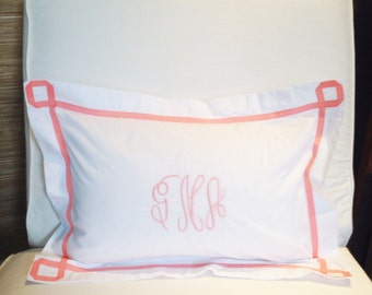 Monogram Boudoir Pillow Sham with  Ribbon Trestle Trim / Monogram Bedding / Baby Pillow / Boudoir Pillow