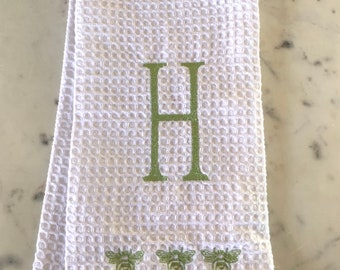 Monogrammed Waffle Weave Dish Towel with Bees: Host Gift / Kitchen Decor