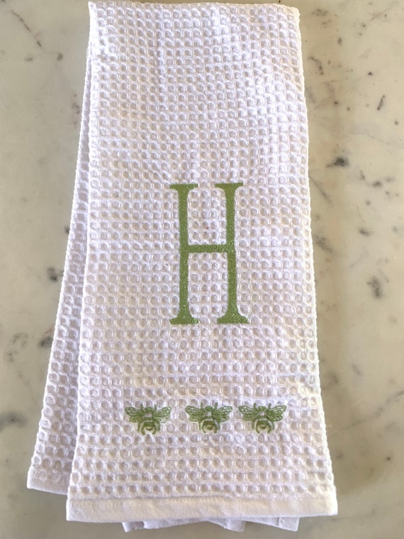 Monogram Waffle Weave Kitchen Towel with Bees / Monogram Dish Towel / Host Gift