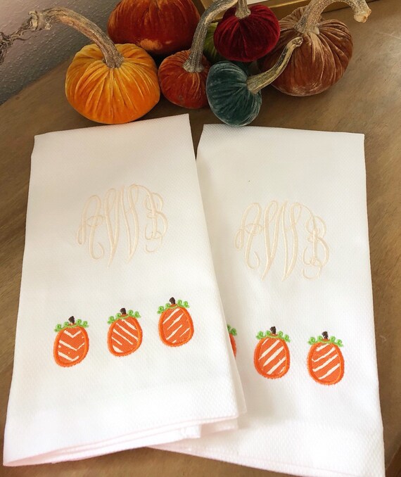 Fall Monogrammed Hand Towel with Applique Pumpkins / Thanksgiving Decor /