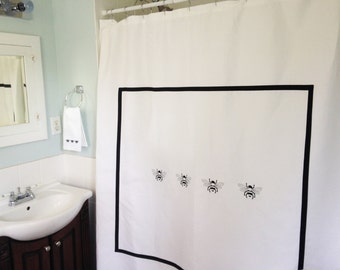 Shower Curtain with Embroidered Bees / Bath Curtain / Shower Curtain