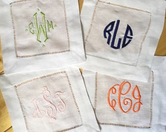 Monogram Embroidered Hemstitch Linen Cocktail Napkins - Set of 4 / Cotton / Housewarming / Engagement Gift