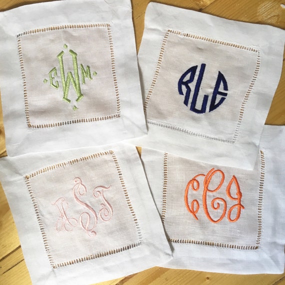 Monogram Hemstitch Cocktail Napkins / Monogram Gift - Set of 4