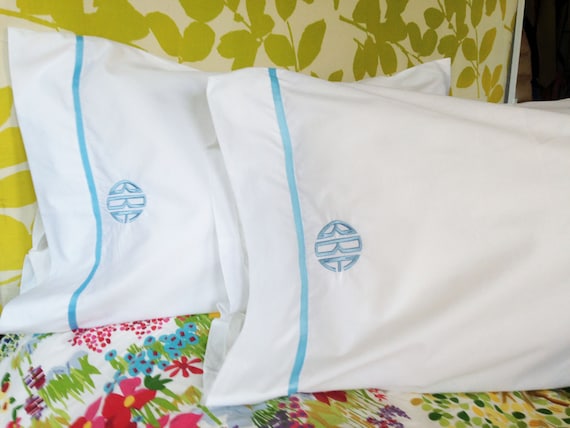 Monogram King Pillow Cases with Ribbon Trim / Monogram Bedding - Set of 2