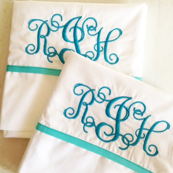 Monogram Extra Long Twin Sheet Set with Ribbon Trim / Monogram Bedding