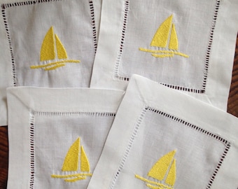 Cocktail Napkin with Embroidered Sailboat - Set of 4 / Coastal Decor / Housewarming Gift