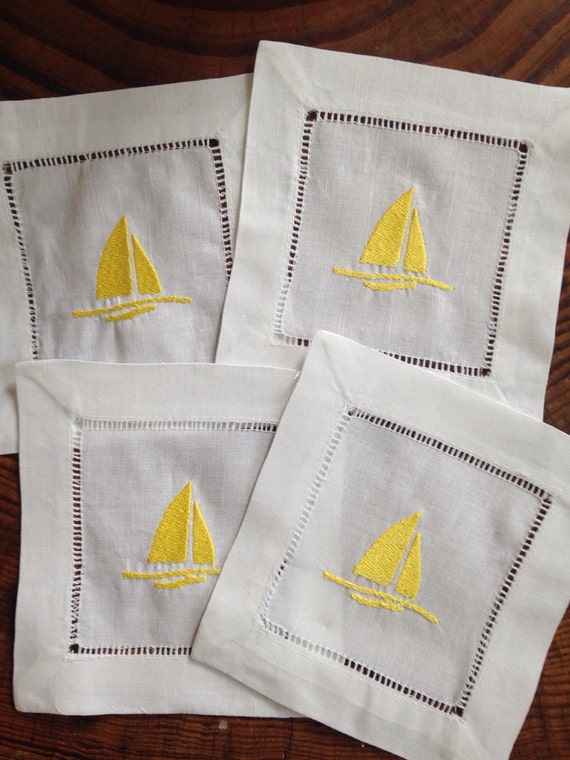 Cocktail Napkin with Embroidered Sailboat/ Monogram Gift - Set of 4