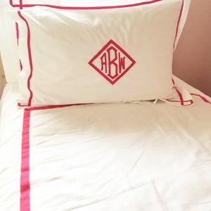 Monogram Standard Pillow Sham with Ribbon Trestle Trim / Monogram Bedding / Graduation Gift image 3