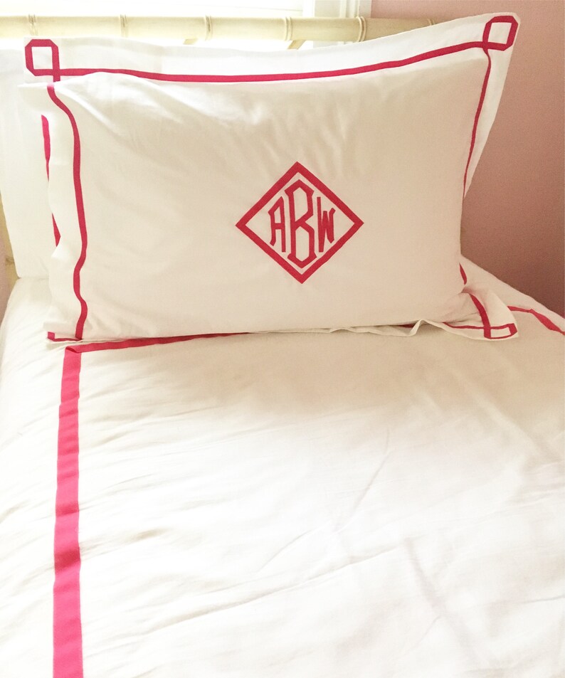 Monogram Standard Pillow Sham with Ribbon Trestle Trim / Monogram Bedding / Graduation Gift image 3
