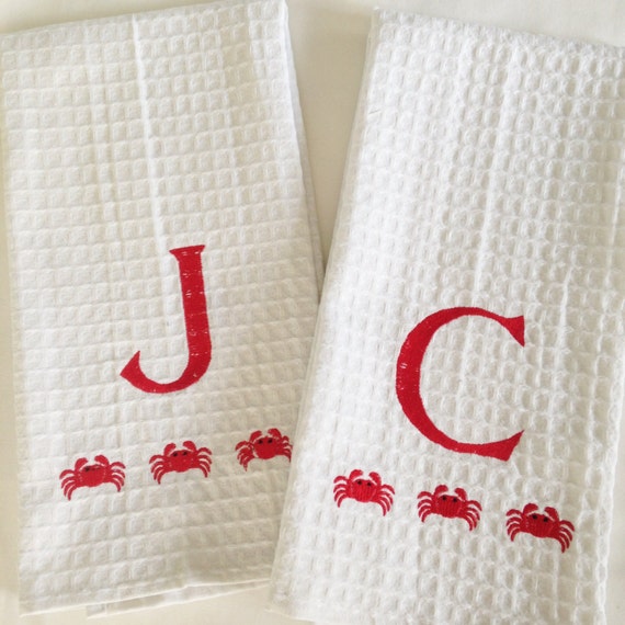 Monogram Waffle Weave Kitchen Towel with Crabs / Monogram Dish Towel / Host Gift