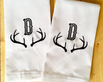 Monogram Hand Towel with Embroidered Antlers / Wedding Gift / Monogram Gift / Fathers Day Gift