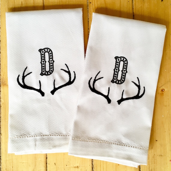 Monogram Hand Towel with Embroidered Antlers / Wedding Gift / Monogram Gift / Fathers Day Gift