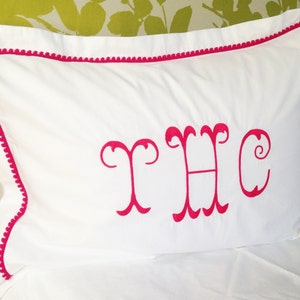 Monogram Pillow Sham with Mini Pom Pom Trim / Monogram Bedding / Embroidered Bedding