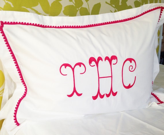 Monogram Pillow Sham with Mini Pom Pom Trim / Monogram Bedding / Embroidered Bedding