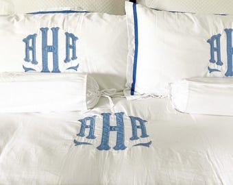 Custom Embroidered Monogram Applique Duvet - Custom Bedding  / Queen Size / Full Bed