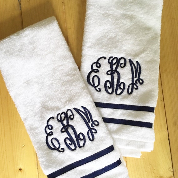 Monogram Terry Cloth Hand Towel With Ribbon Trim / Guest Towel 