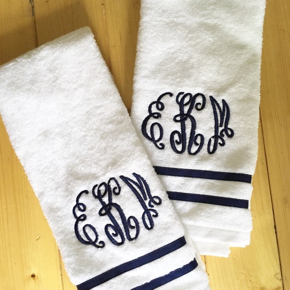 Monogram Terry Cloth Hand Towel with Ribbon Trim / Guest Towel