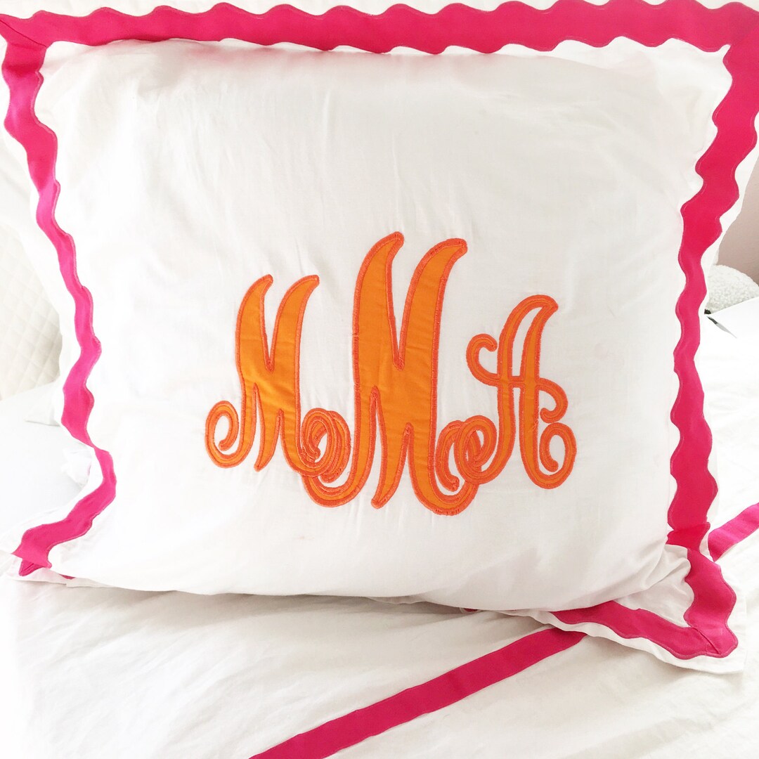 Applique Monogram Euro Pillow Sham With Scalloped Ribbon Trim / Monogram Bedding / Applique Sham