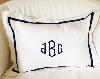 Monogram Boudoir Pillow Sham with Ribbon Trim / Monogram Bedding / Baby Gift / Boudoir Pillow / Lumbar / Baby Pillow