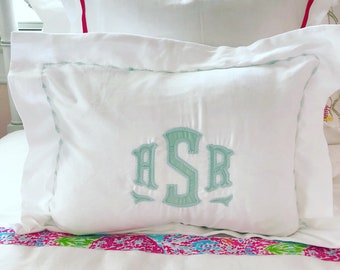 Monogram Applique Boudoir Pillow Sham with Custom Embroidered Border / Monogram Bedding / Wedding Gift