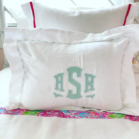 Monogram Applique Boudoir Pillow Sham with Custom Embroidered Border / Monogram Bedding / Wedding Gift