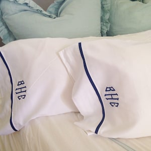 Monogram Standard Pillow Cases with Ribbon Trim / Monogram Bedding Set of 2 image 2