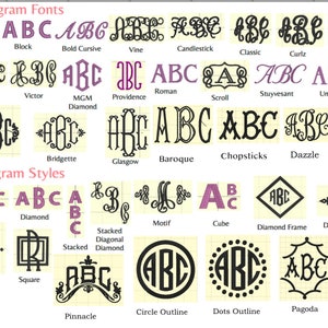 Puede incluir: Un gr&aacute;fico que muestra diferentes fuentes y estilos de monogramas. Las fuentes incluyen Bauhaus, Block, Bold Cursive, Vine, Candlestick, Classic, Curlz, Circle, Fish Tail, Victor, MGM Diamond, Providence, Roman, Scroll, Stuyvesant, University, Ponda, Bridgette, Glasgow, Baroque, Chopsticks, Dazzle y Double. Los estilos incluyen Straight, Diamond, Stacked Diagonal Diamond, Motif, Cube, Diamond Frame, Diamond Wings, Dots, Square, Pinnacle, Circle Outline, Dots Outline y Pagoda.