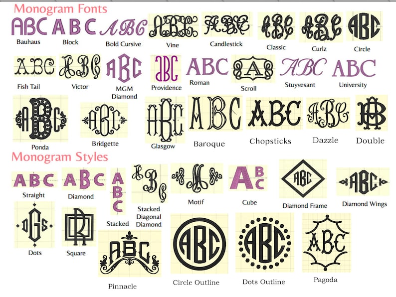 Puede incluir: Un gr&aacute;fico que muestra diferentes fuentes y estilos de monogramas. Las fuentes incluyen Bauhaus, Block, Bold Cursive, Vine, Candlestick, Classic, Curlz, Circle, Fish Tail, Victor, MGM Diamond, Providence, Roman, Scroll, Stuyvesant, University, Ponda, Bridgette, Glasgow, Baroque, Chopsticks, Dazzle y Double. Los estilos incluyen Straight, Diamond, Stacked Diagonal Diamond, Motif, Cube, Diamond Frame, Diamond Wings, Dots, Square, Pinnacle, Circle Outline, Dots Outline y Pagoda.