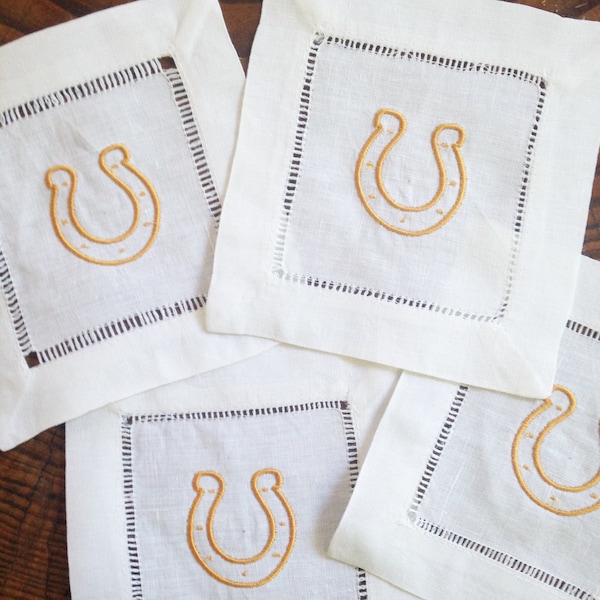 Cocktail Napkin with Embroidered Horse Shoe/ Monogram Gift - Set of 4 / Fathers Day Gift