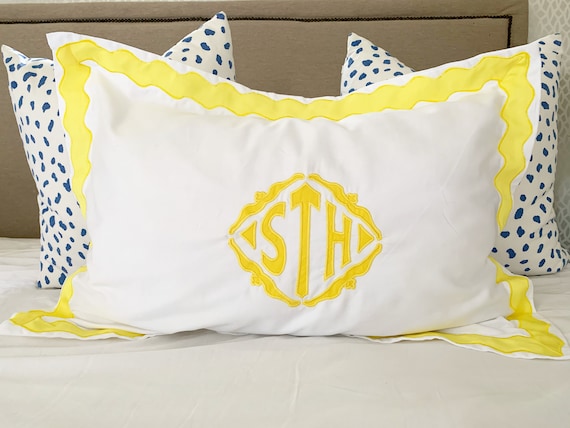 Applique Monogram Standard Pillow Sham with Scalloped Ribbon Trim / Monogram Bedding / Applique Sham