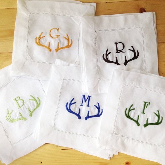 Monogram Hemstitch Cocktail Napkins with Antler Horns/ Monogram Gift - Set of 4 /