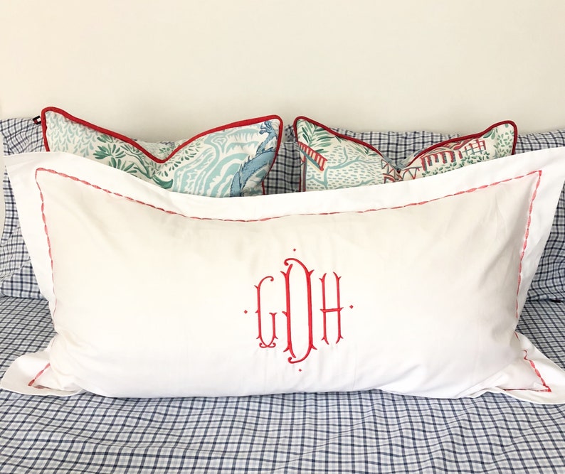 Monogram King Pillow Sham with Custom Embroidered Border / Monogram Bedding image 1