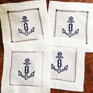 Monogram Hemstitch Cocktail Napkins Anchor / Monogram Gift - Set of 4