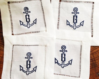 Monogram Hemstitch Cocktail Napkins with Embroidered Anchor: Set of 4 / Boat Decor / Housewarming Gift