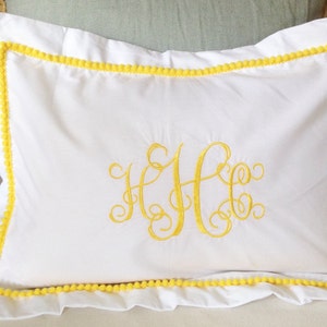 Monogram Boudoir Pillow Sham: Embroidered Cotton with Pom Pom Trim