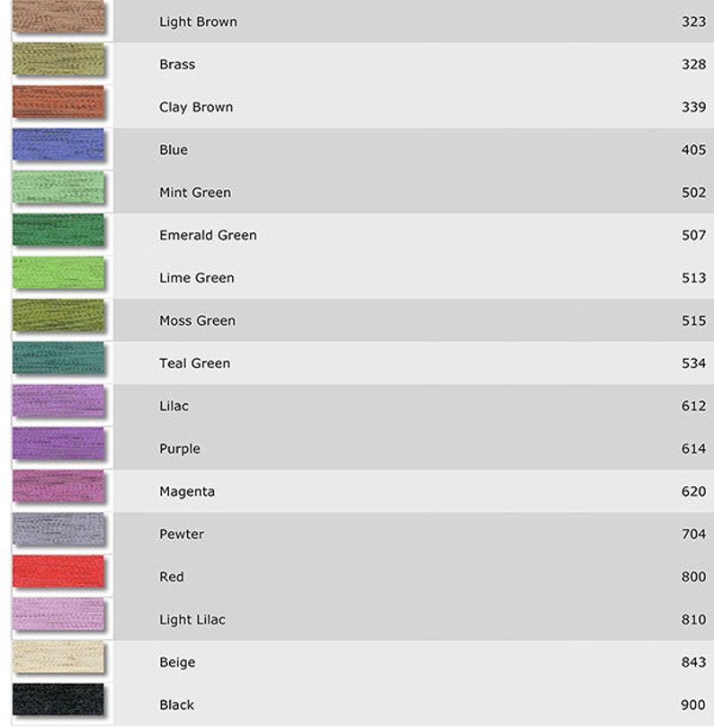 Puede incluir: Una tabla que muestra 15 colores diferentes de hilo de bordar con sus n&uacute;meros de color correspondientes. Los colores incluyen marr&oacute;n claro, lat&oacute;n, marr&oacute;n arcilla, azul, verde menta, verde esmeralda, verde lima, verde musgo, verde azulado, lila, morado, magenta, peltre, rojo, lila claro, beige y negro.