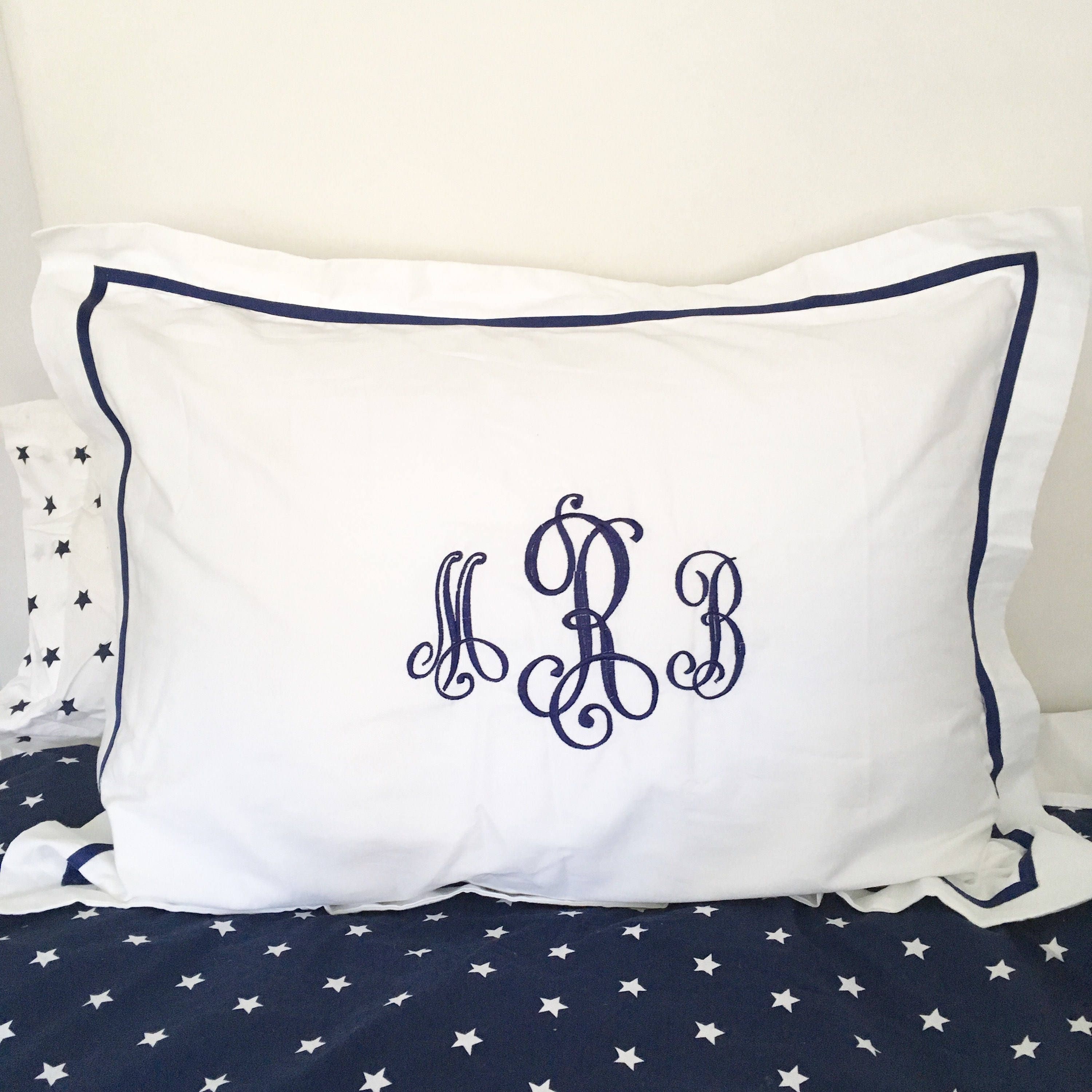 Monogram Standard Pillow Sham with Ribbon Trim / Monogram Bedding