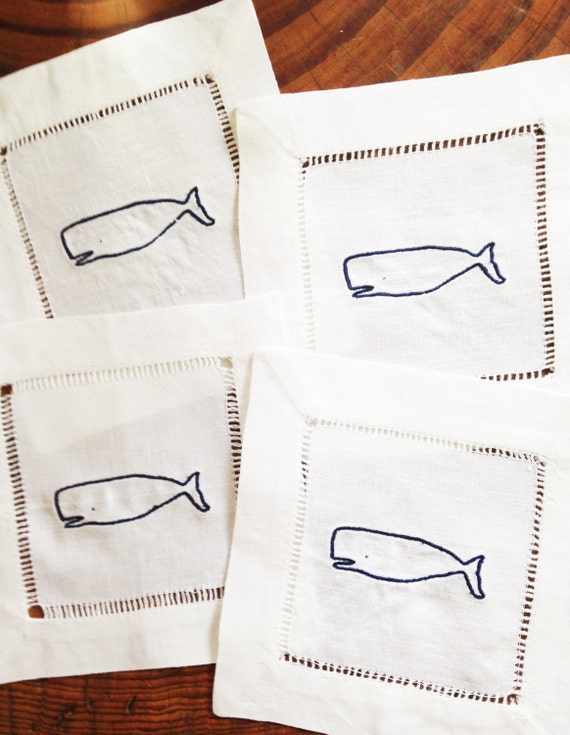 Cocktail Napkin with Embroidered Whale/ Monogram Gift - Set of 4