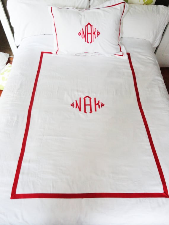 Monogram Twin Duvet Cover with Ribbon Trim / Monogram Bedding / Personalized Bedding / Dorm Room