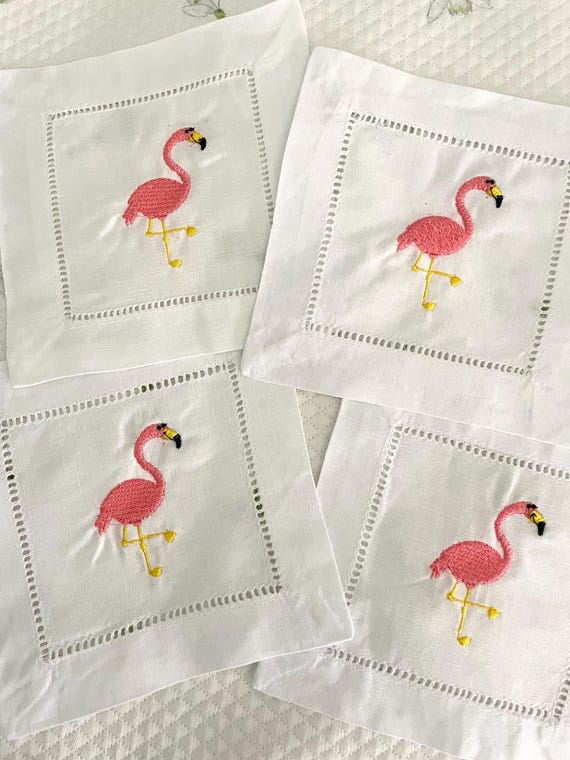 Monogram Hemstitch Cocktail Napkins with flamingo -  Set of 4 / Beach Decor/ Housewarming Gift