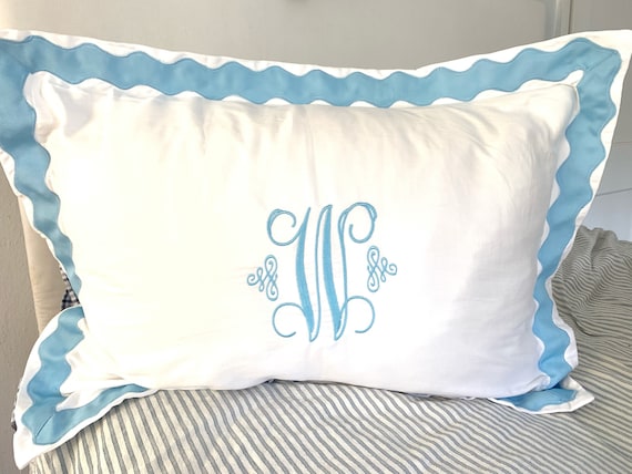 Monogram Standard Pillow Sham with Scalloped Ribbon Trim / Monogram Bedding