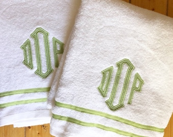 Monogram Applique Terry Cloth Bath Towel with Ribbon Trim