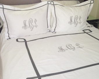 Monogram Duvet Cover with Greek Key Trim - Full/Queen Size / Custom Bedding / Egyptian Cotton