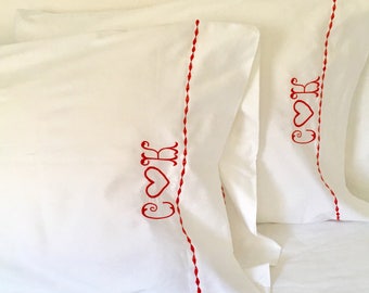 Monogram Heart Pillow Cases: Custom Embroidered Border / Valentines Gift/ Anniversary / Wedding Present