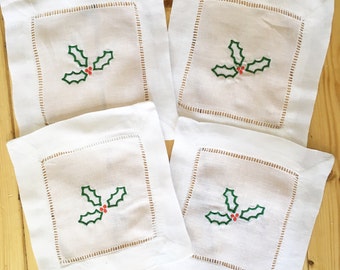 Christmas Cocktail Napkin with Embroidered Holly -  Set of 4