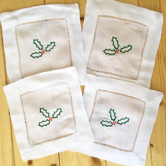 Christmas Cocktail Napkin with Embroidered Holly -  Set of 4