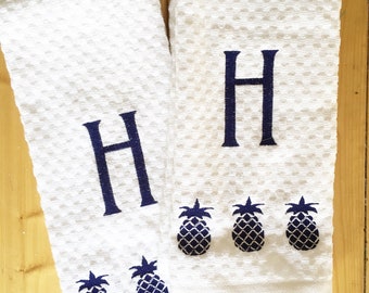 Monogrammed Waffle Weave Kitchen Towel With Embroidered Pineapple - House Warming Gift