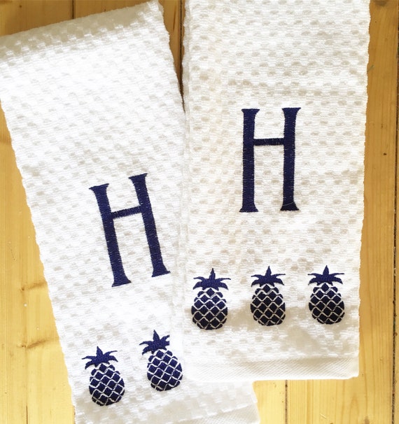 Monogram Waffle Weave Kitchen Towel with Pineapples / Monogram Dish Towel / Host Gift