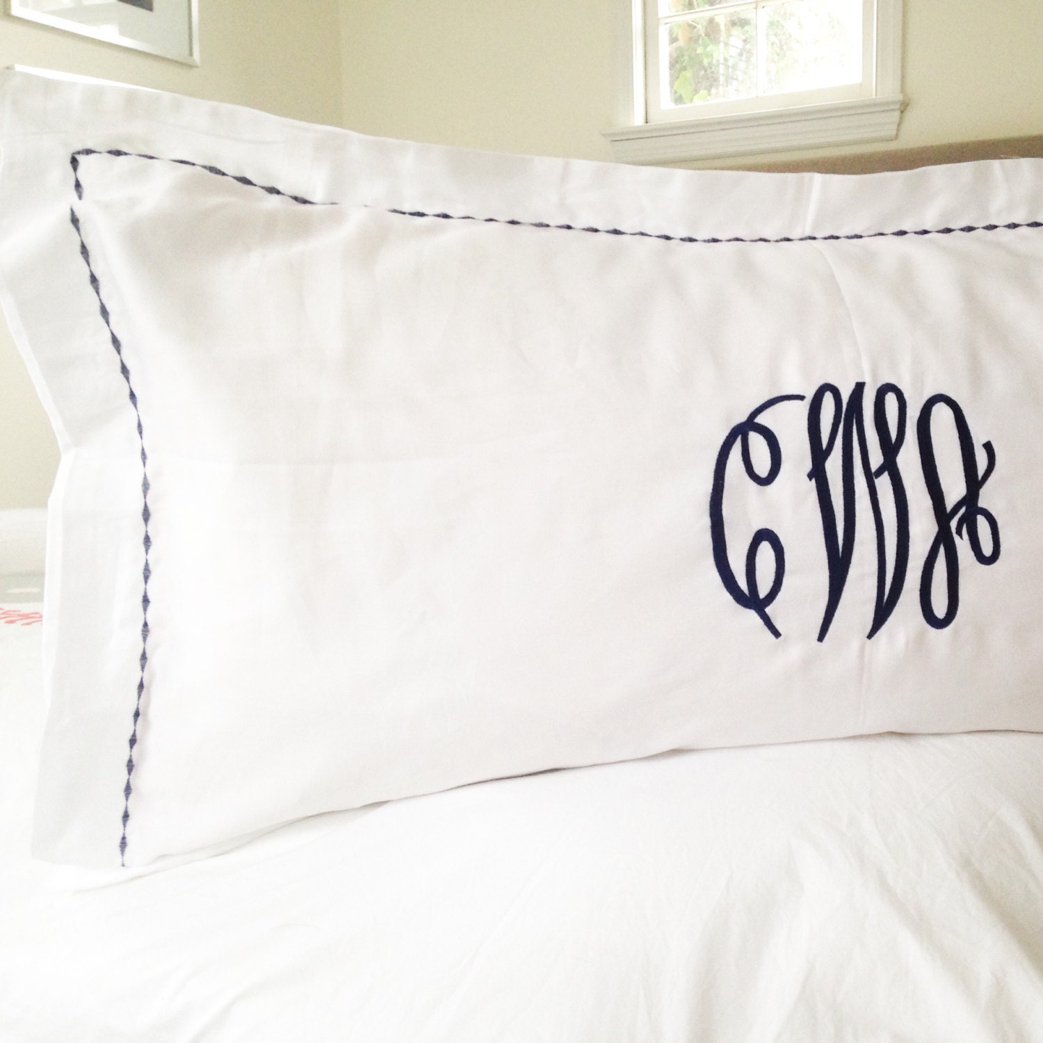 Monogram King Pillow Sham with Custom Embroidered Border / Monogram Bedding